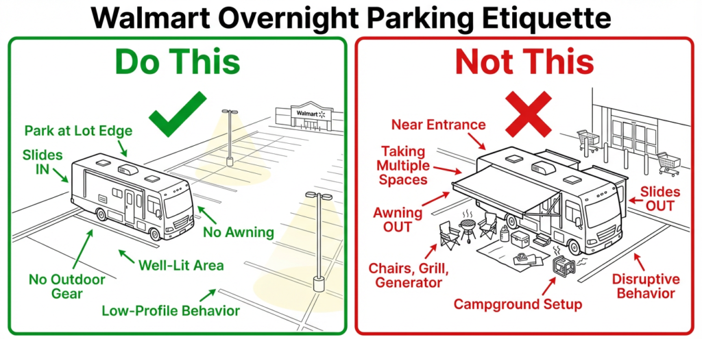 Side-by-side comparison showing correct low-profile RV parking versus campground setup behavior in a Walmart lot