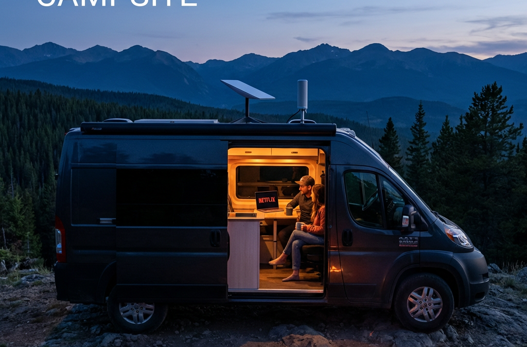In the foreground, a modern Class B van parked at a scenic, slightly remote overlook with mountains or a forest in the background.