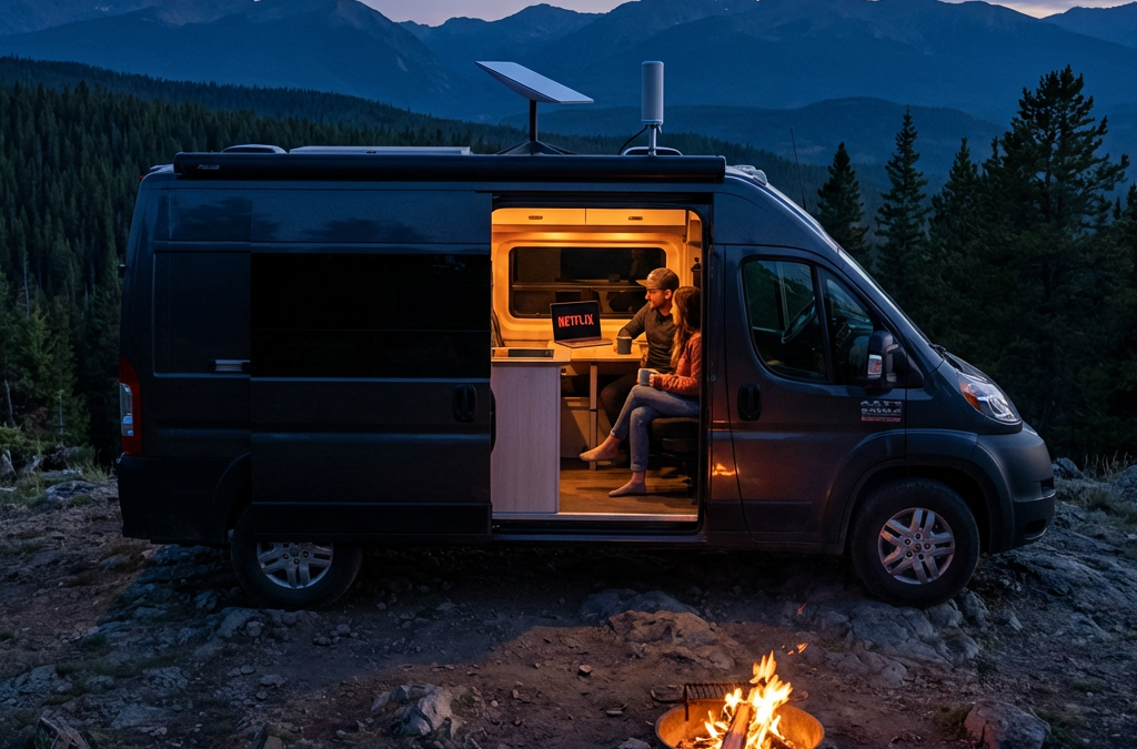 In the foreground, a modern Class B van parked at a scenic, slightly remote overlook with mountains or a forest in the background.