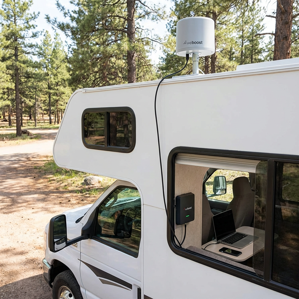WeBoost cellular booster installation showing roof-mounted antenna and interior amplifier unit for improved RV streaming signal strength
