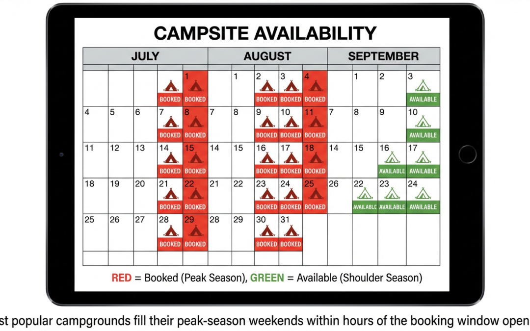 Online campsite availability calendar showing mostly blocked peak-season dates with a few open shoulder-season slots
