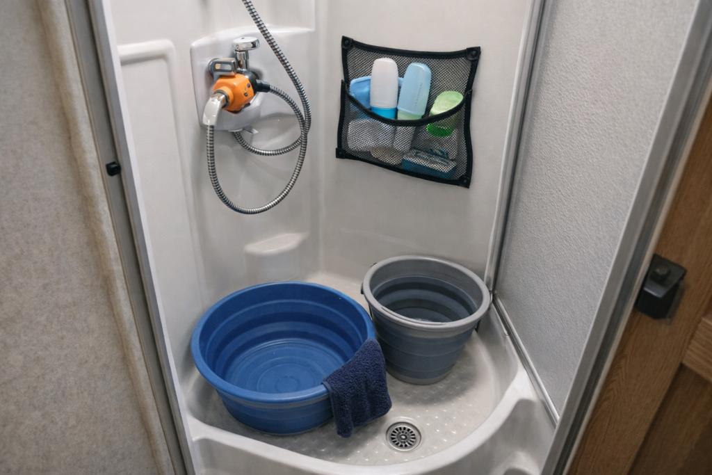 Compact RV shower stall inside a Class B motorhome showing water-conserving setup for boondocking