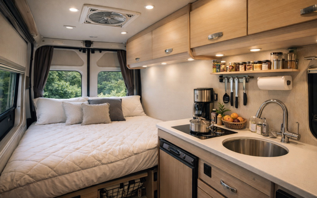Interior of a Class B RV with upgraded mattress, vent fan, and organized kitchen setup
