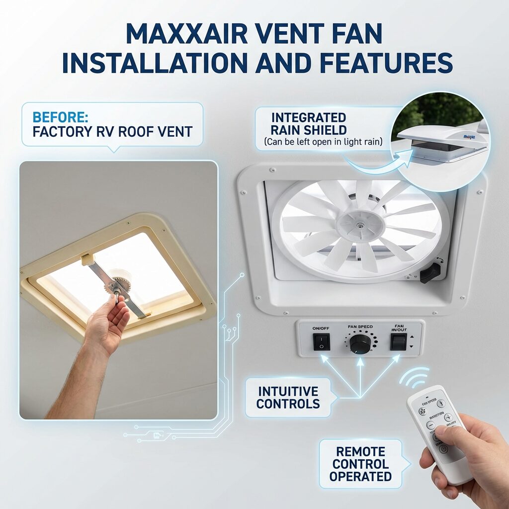 Illustration of a 12V roof vent fan with rain cover installed in a 14 by 14 inch RV roof opening