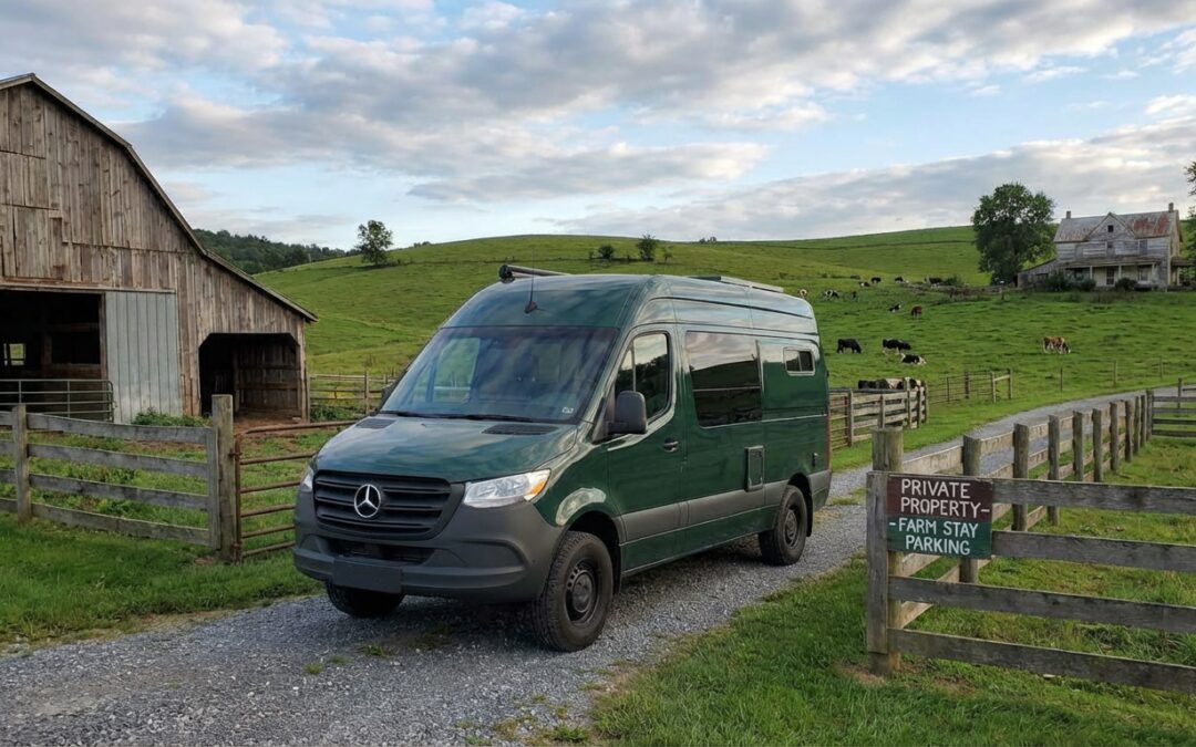RV parked private property driveway farm overnight.