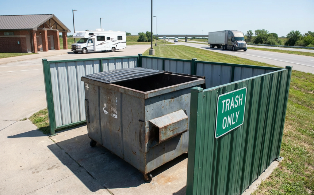 Highway rest area dumpster available for trash disposal while boondocking