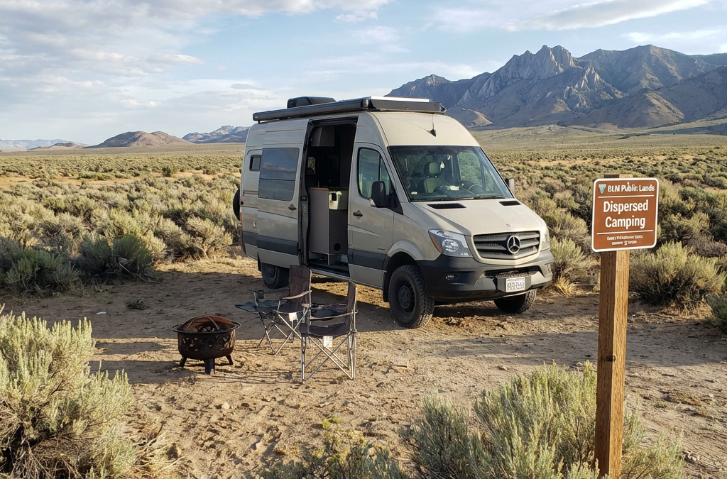 Class B RV parked at remote BLM boondocking site