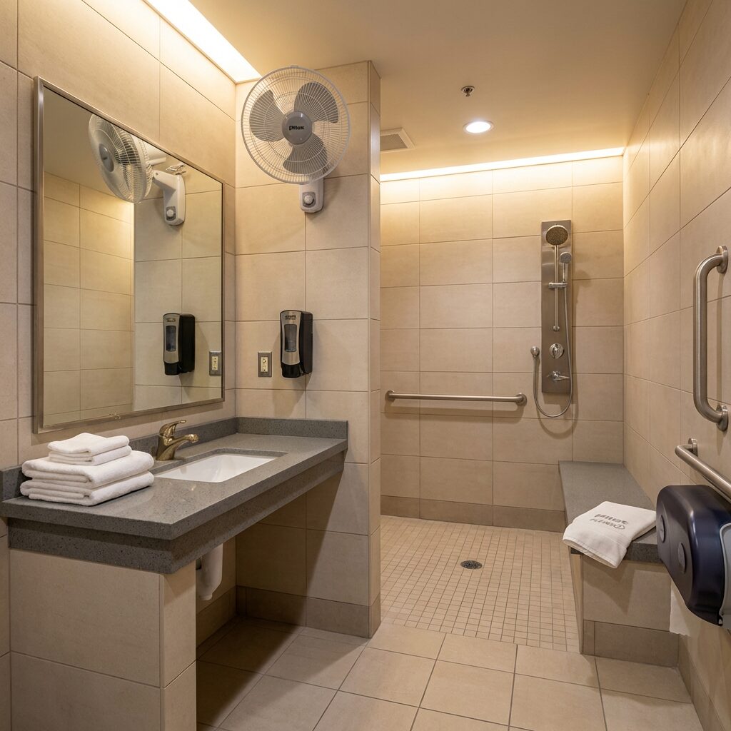 Clean private shower room at Pilot Flying J truck stop
