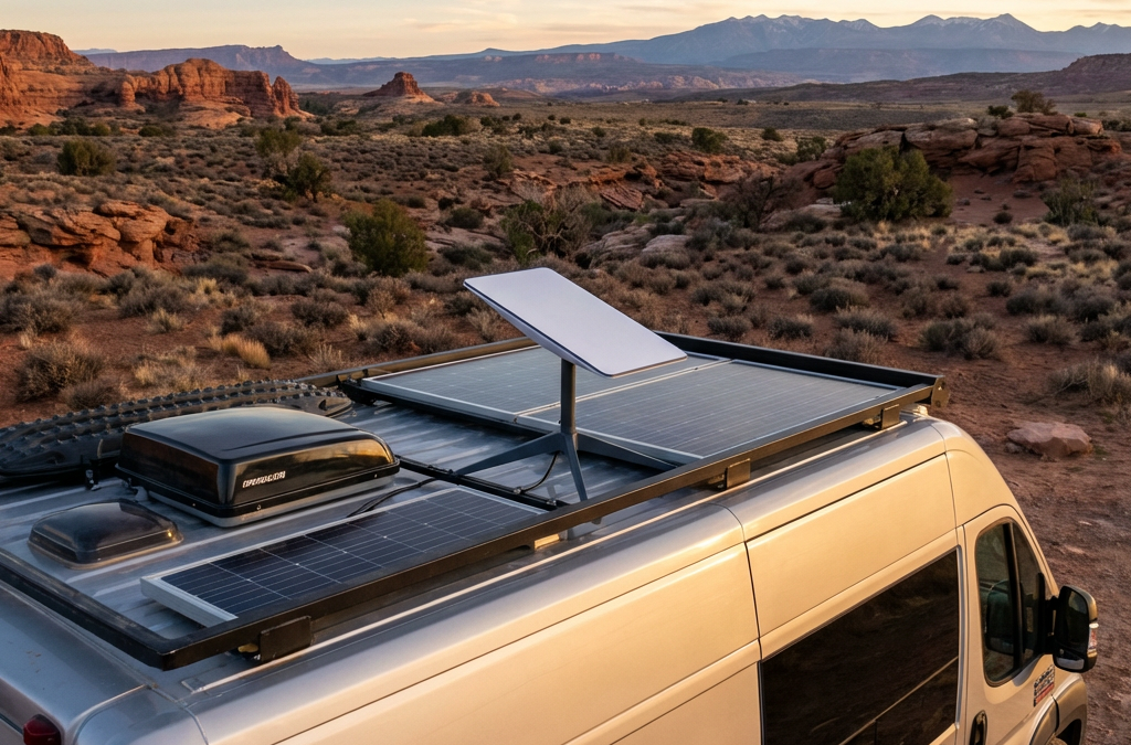 Starlink Mini dish mounted on Class B RV roof at remote boondocking campsite