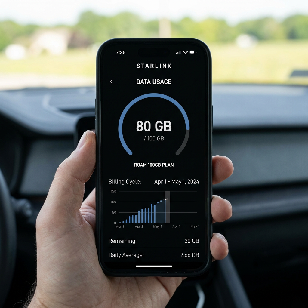 Starlink app data usage screen showing 80GB consumed on Roam 100GB plan billing cycle