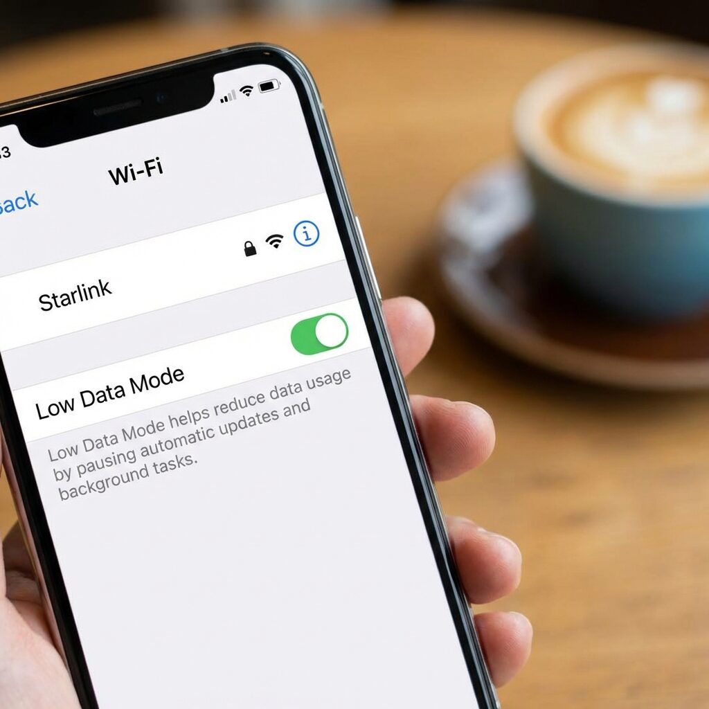 Illustration of iPhone Wi-Fi settings with Low Data Mode turned on for a Starlink network