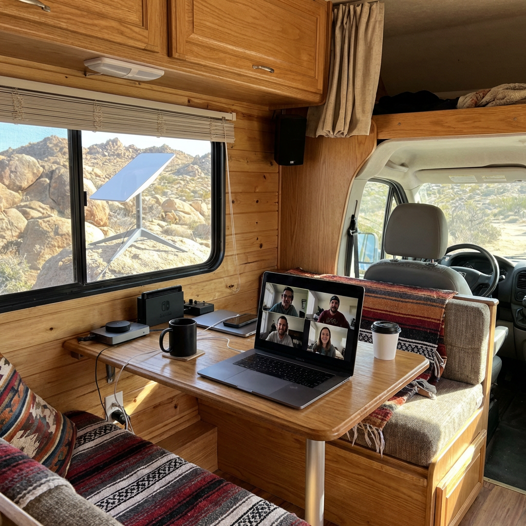 RV interior remote work setup with laptop video call and Starlink dish visible outside window