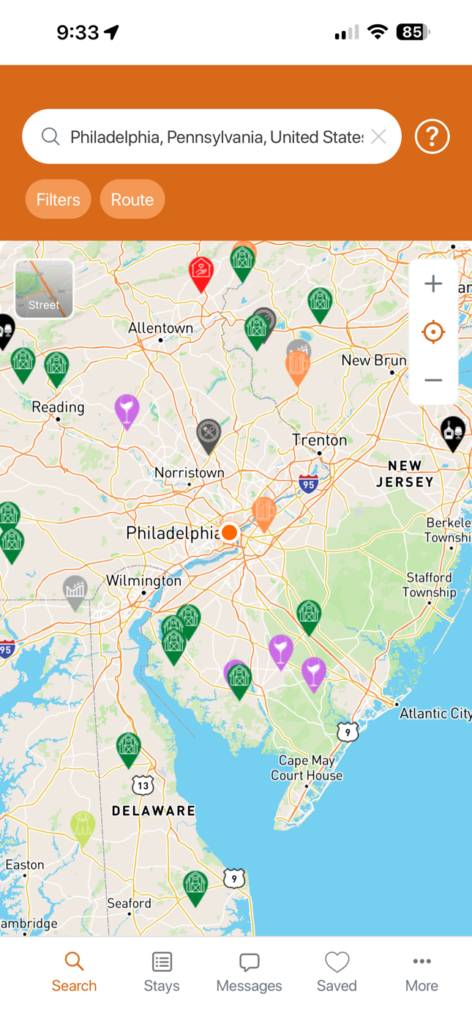 RV Overnights - Greater Philadelphia App View