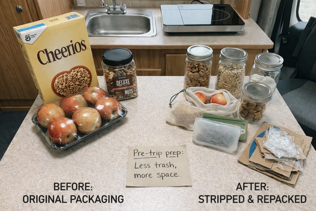 RV camping food supplies with packaging removed to reduce trash volume while boondocking
