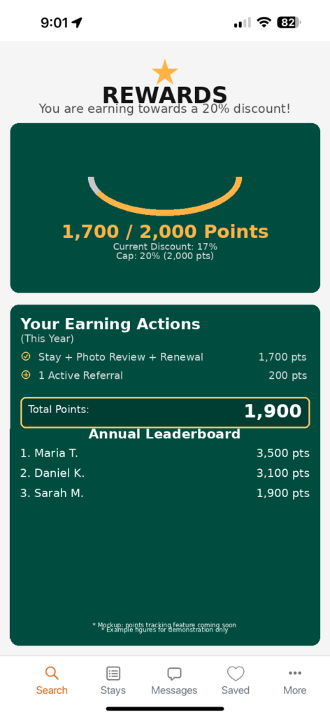 RV Overnights Rewards screen on mobile app