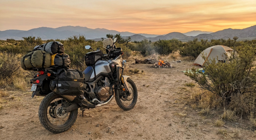 motorcycle fully loaded at a dispersed camp site (golden hour)