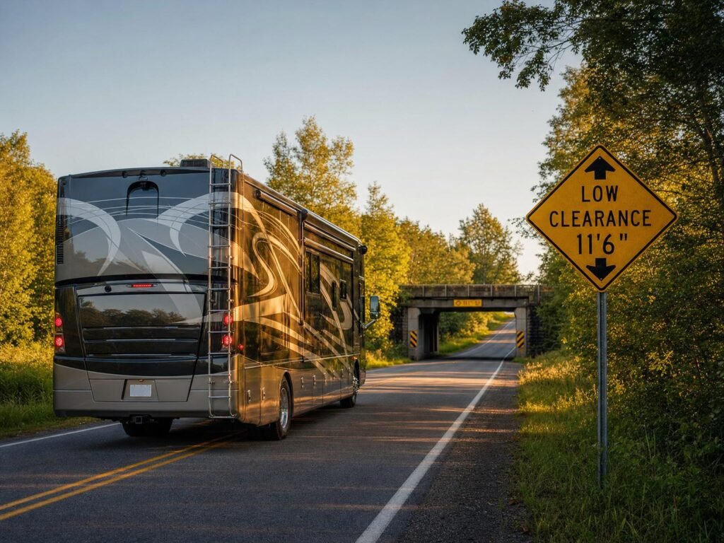 Class A Motorhome Approaching Low Clerance Bridge