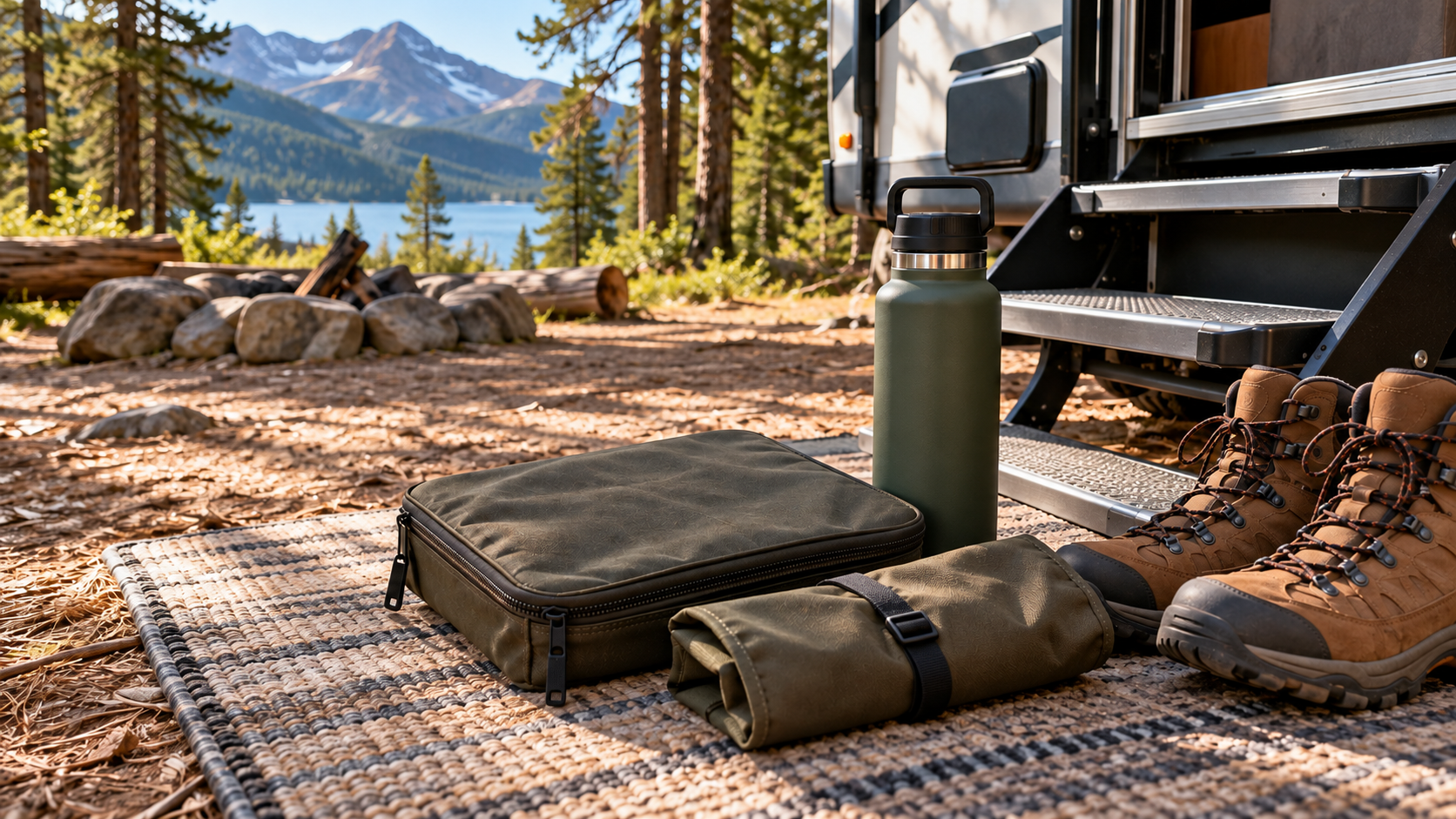 A closed map case, water bottle and hiking boots beside an RV.