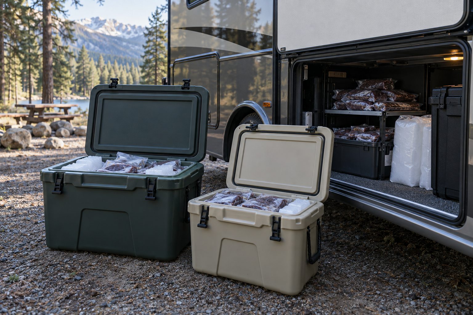 Sealed game meat packages in two coolers with dry ice beside an open RV storage bay