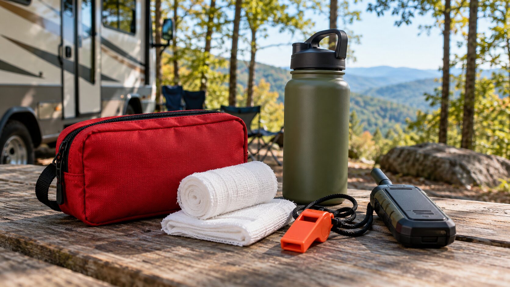 A first-aid pouch, gauze, whistle, water bottle and communication device on a campsite table.