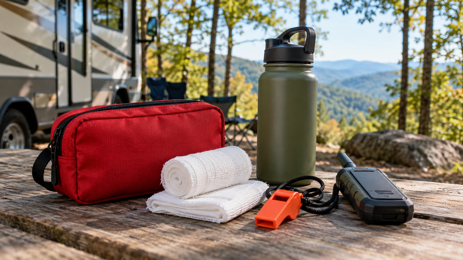 A first-aid pouch, gauze, whistle, water bottle and communication device on a campsite table.