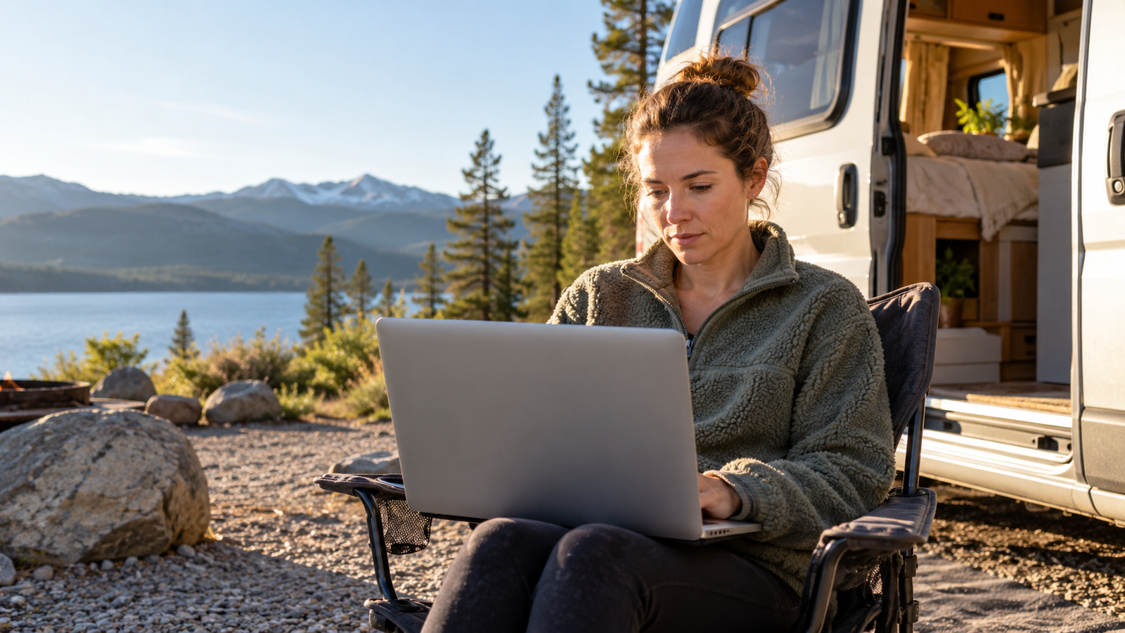 A traveler researches trip options on a laptop beside a campervan.