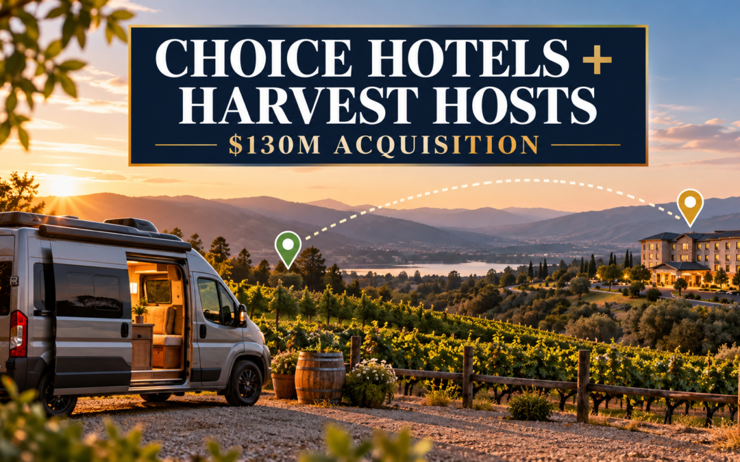 RV at a vineyard with a hotel illustrating the Harvest Hosts acquisition