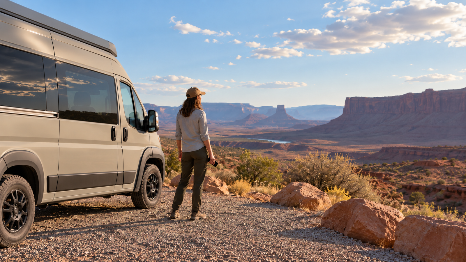 A traveler stands beside a campervan looking across a desert landscape.