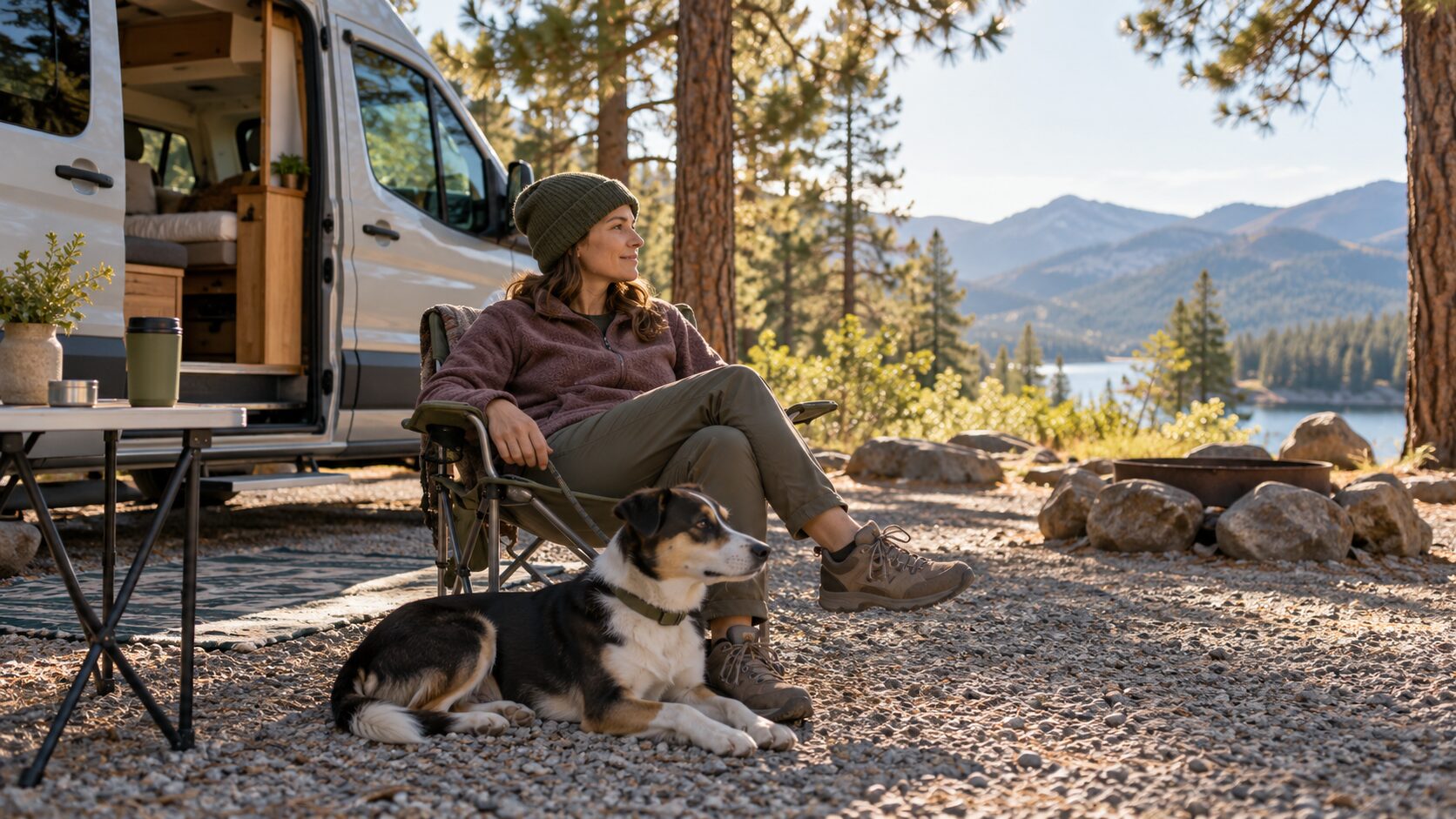 A leashed dog rests beside a camper at an RV campsite.