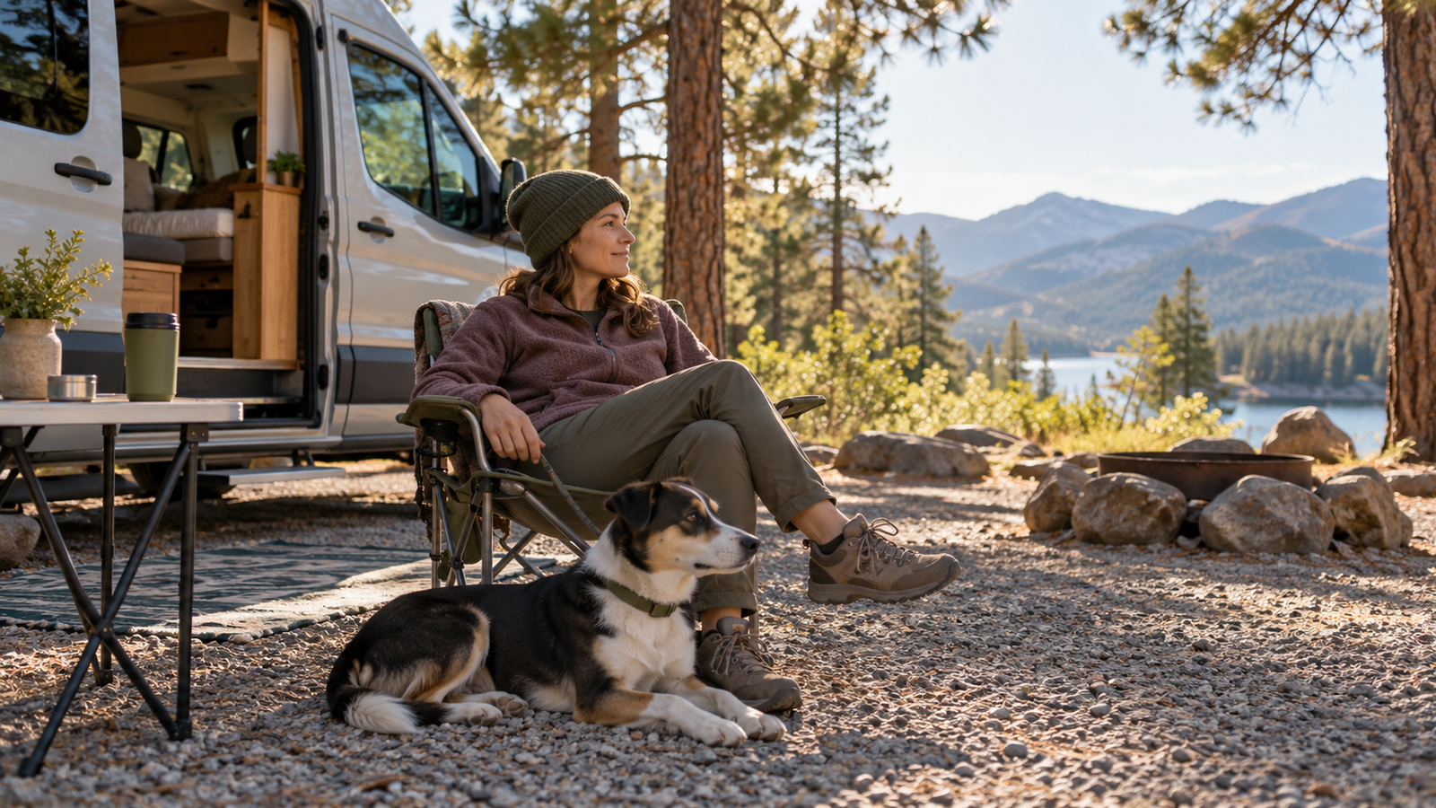 A leashed dog rests beside a camper at an RV campsite.