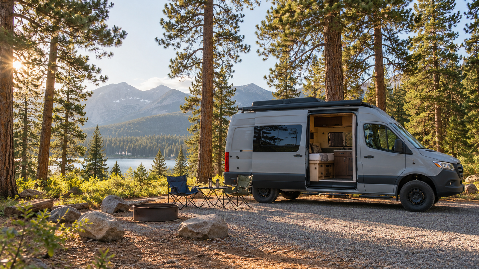 A campervan parked at a gravel campsite beneath pine trees.
