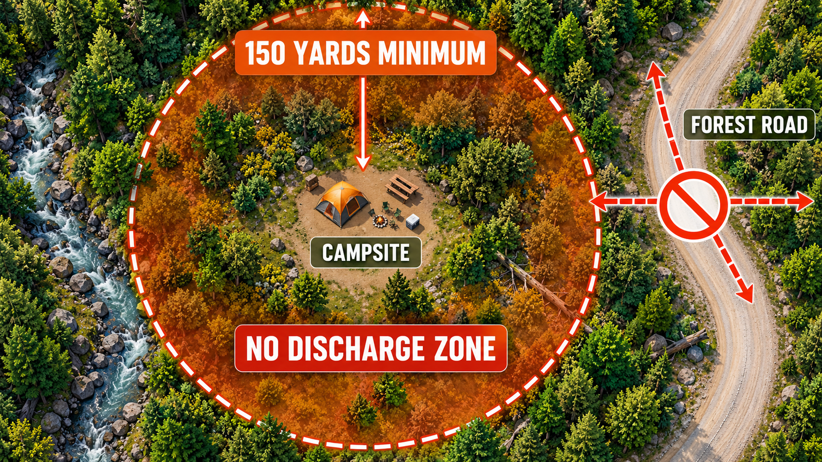 Diagram of the Forest Service 150-yard no-discharge buffer around a dispersed campsite and forest road
