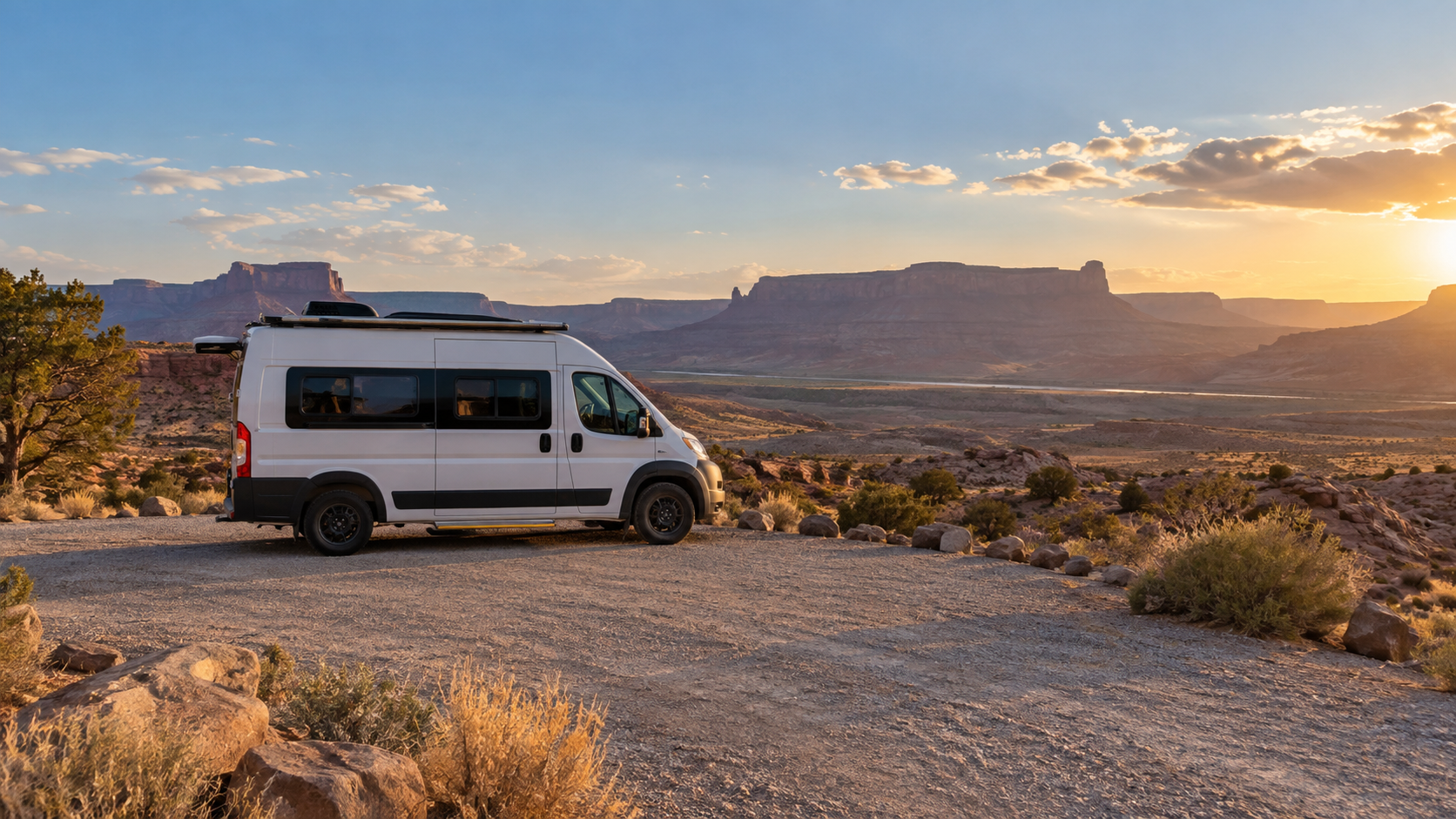 A campervan on a desert gravel pullout beneath distant mesas.