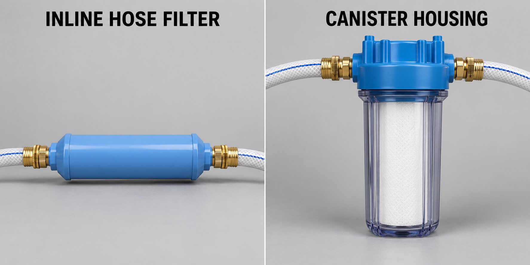 Inline RV water filter beside a whole-rig canister filter housing