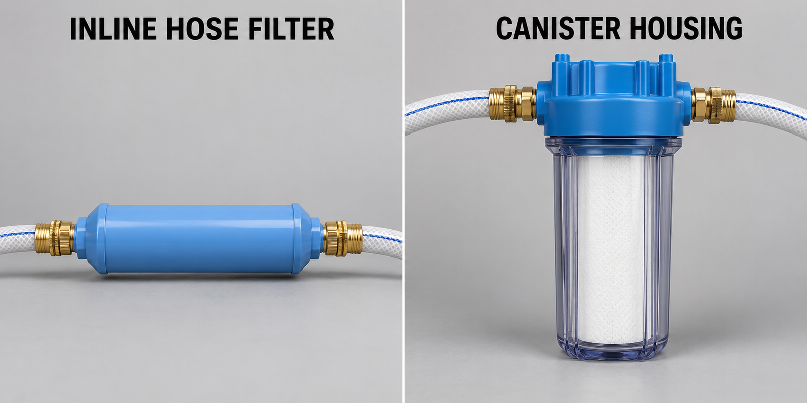 Inline RV water filter beside a whole-rig canister filter housing