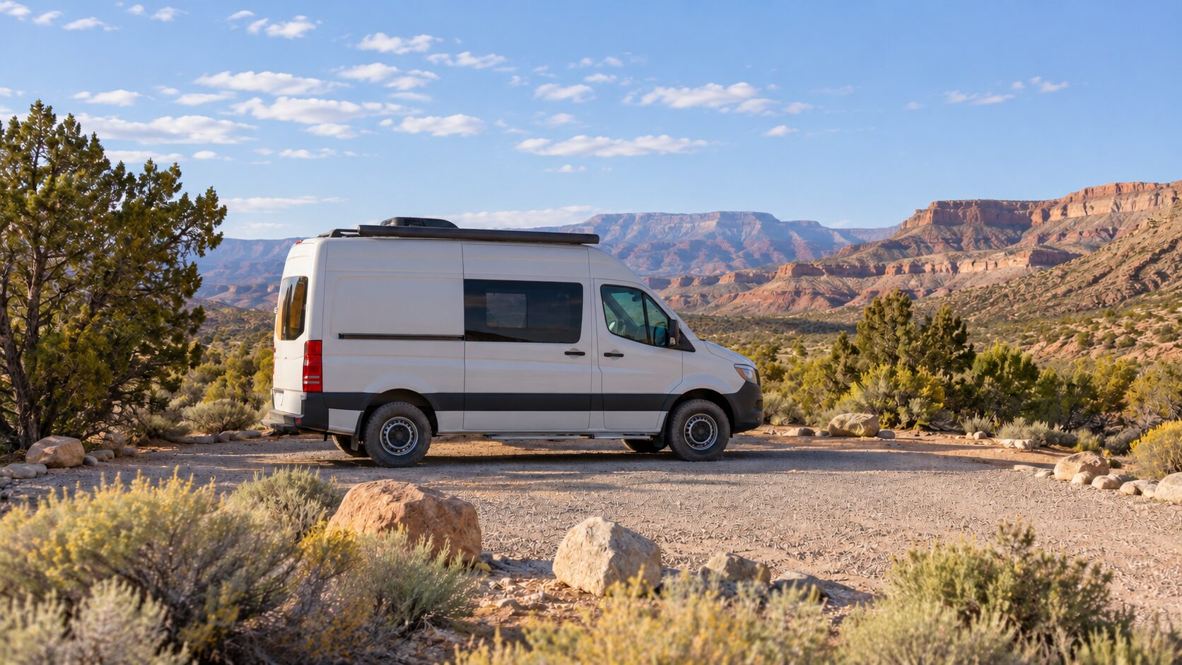 A campervan parked on an existing gravel site surrounded by desert shrubs.