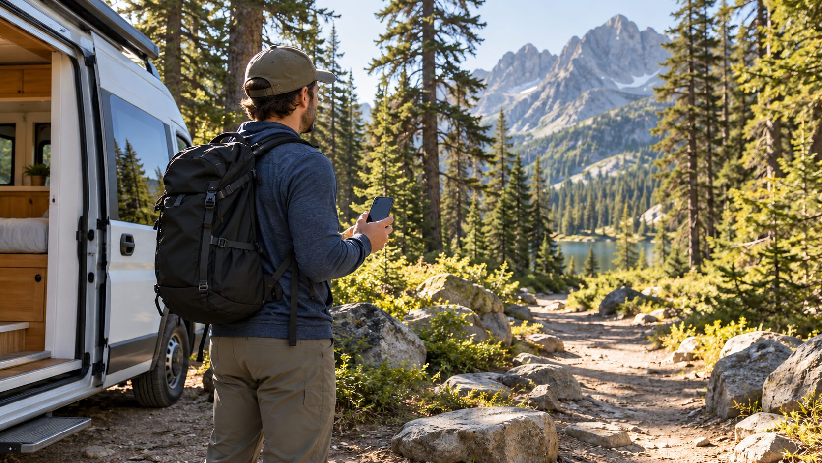 A hiker holding a phone beside a campervan near a forest trail.
