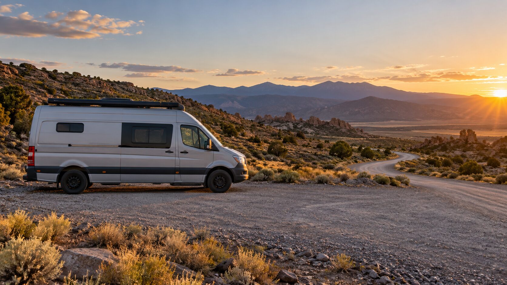 A campervan parked beside a winding gravel road in open desert country.
