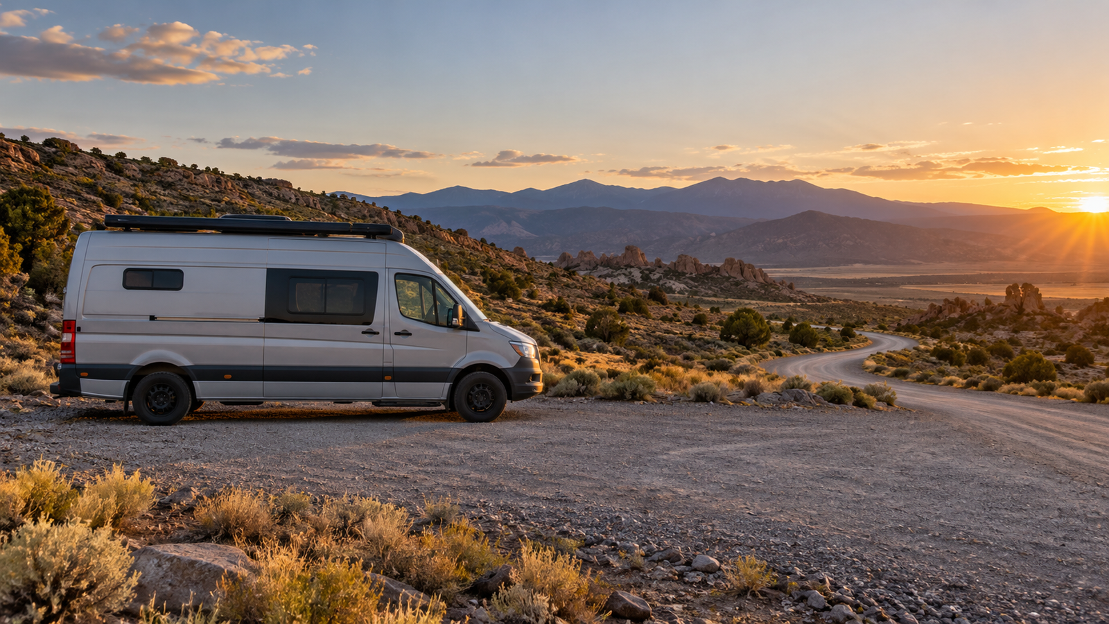 A campervan parked beside a winding gravel road in open desert country.