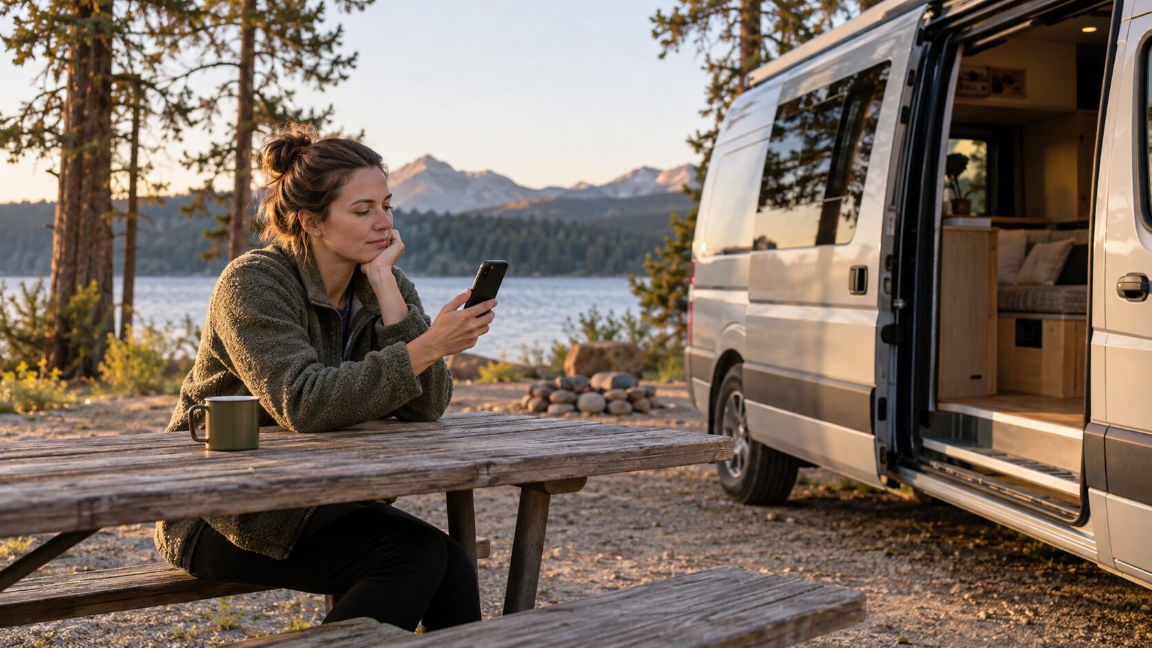 A camper checks a phone at a picnic table beside a campervan.