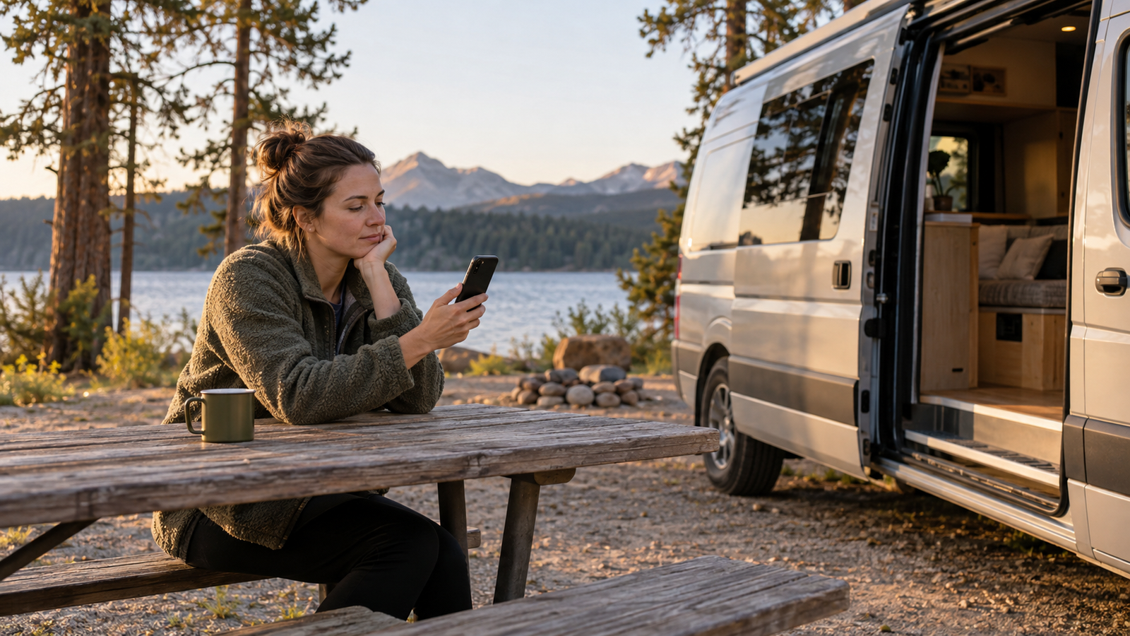 A camper checks a phone at a picnic table beside a campervan.