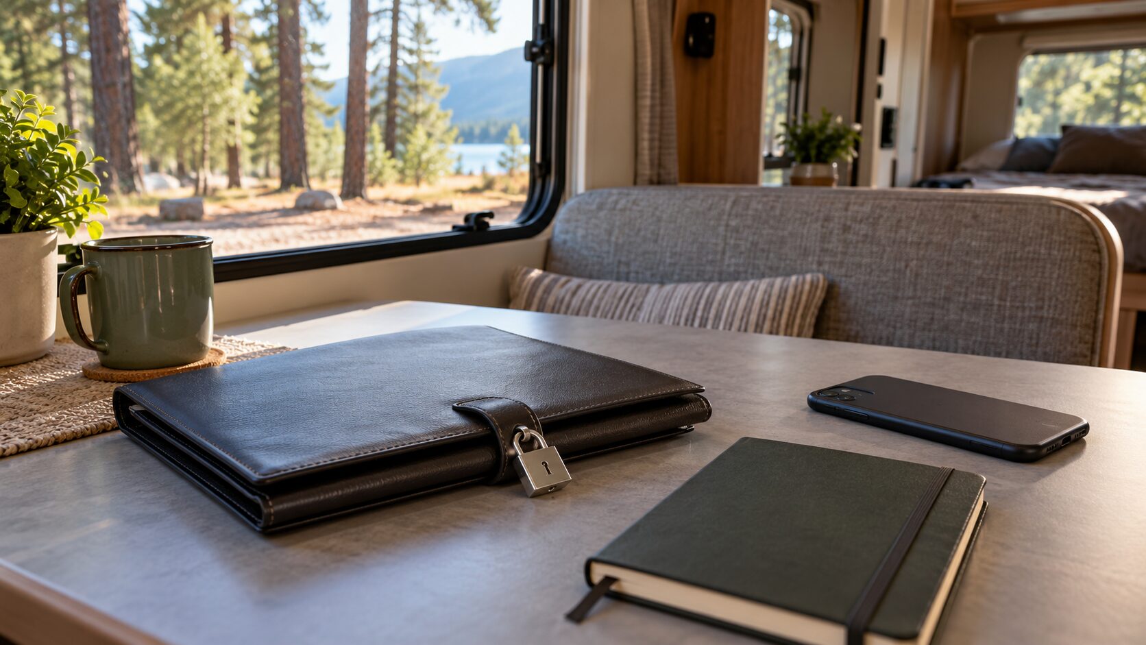 A closed document wallet, padlock and face-down phone on an RV table.