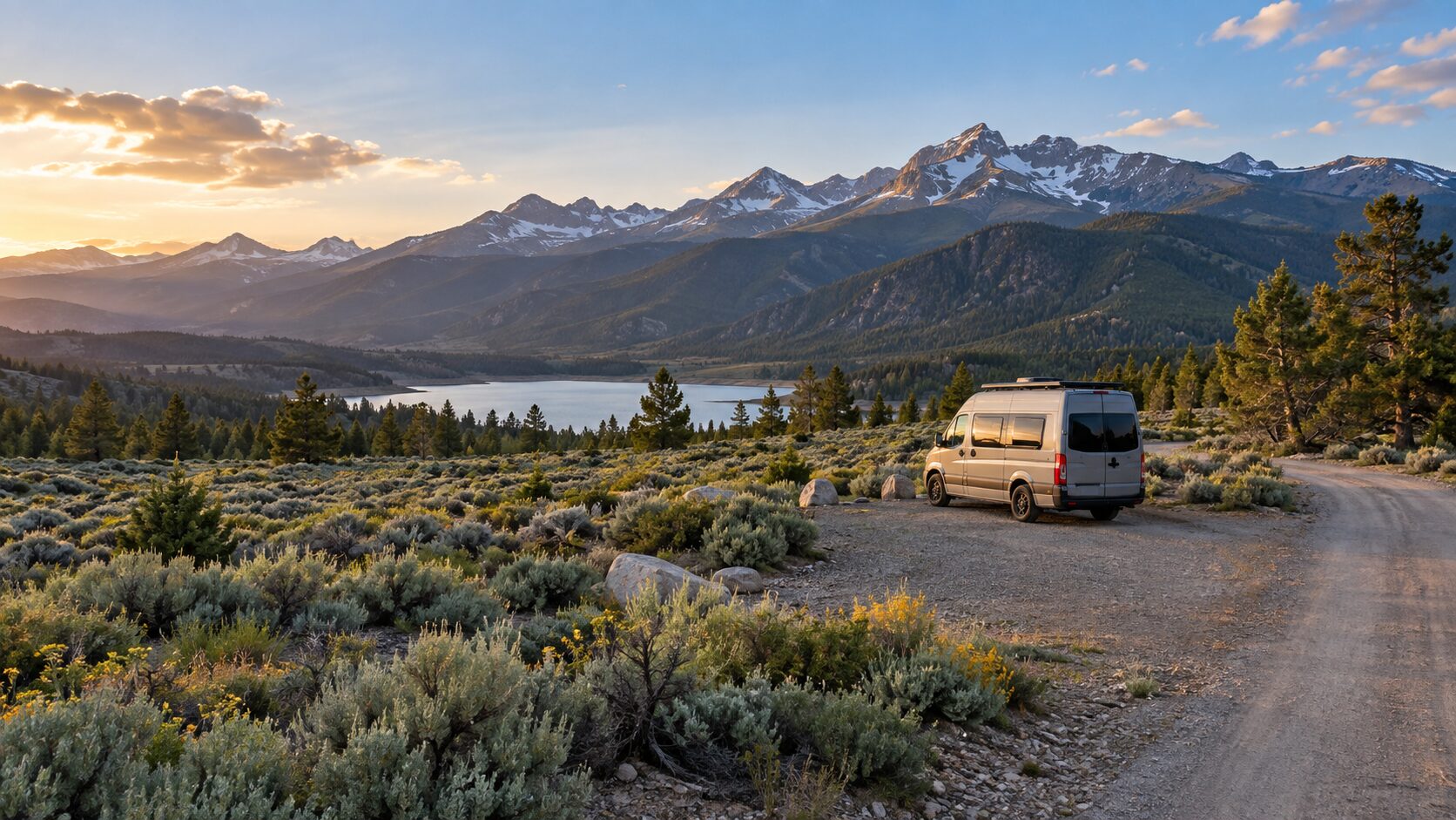 A campervan on a gravel site overlooking mountains and sagebrush.