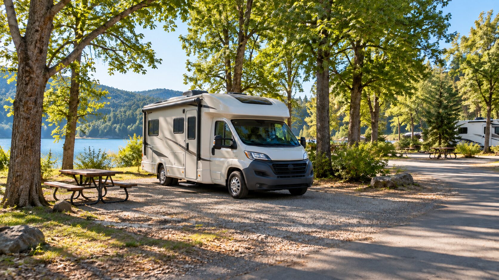 A compact motorhome at a shaded campground with a picnic table.
