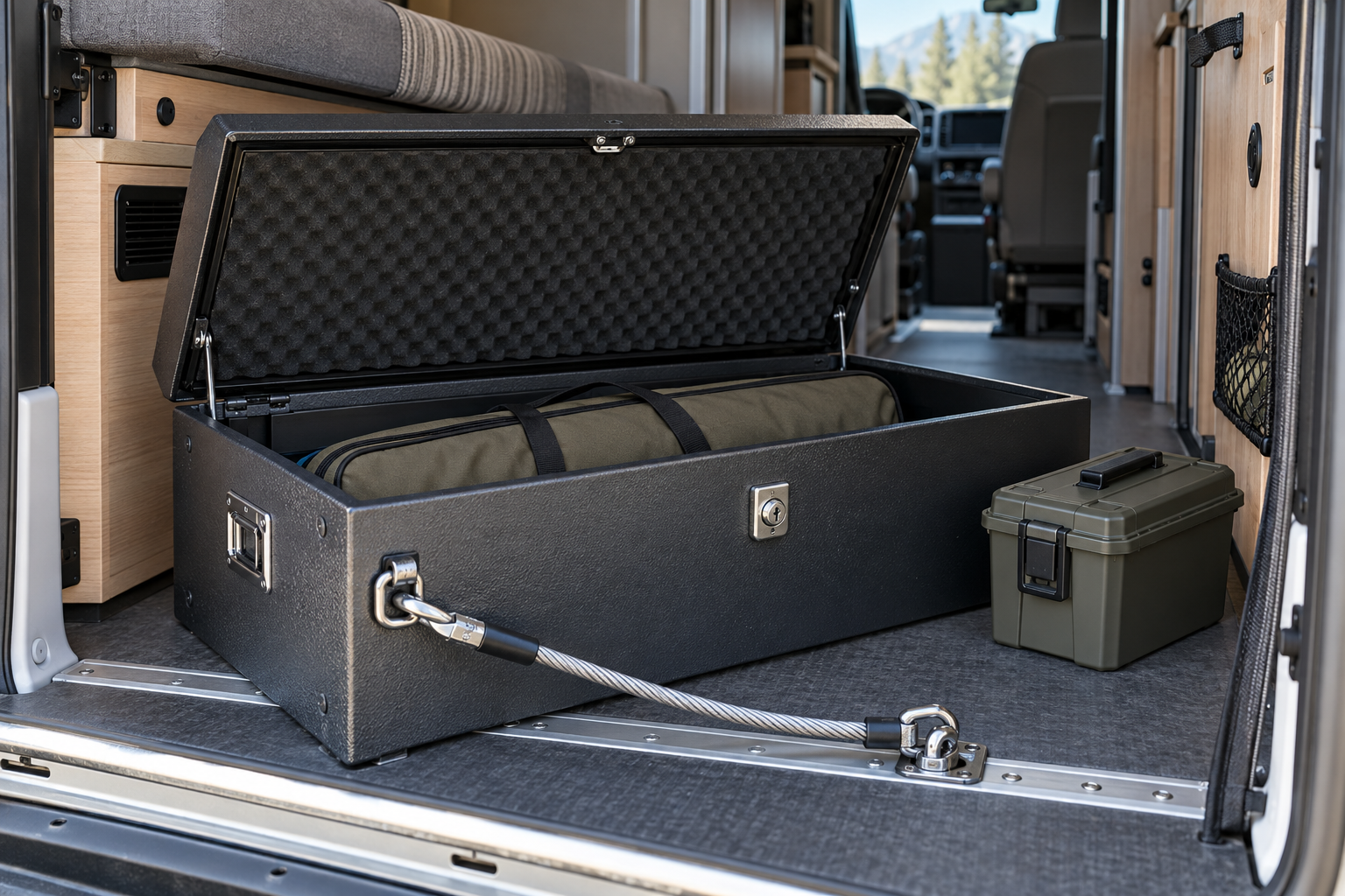 Unloaded cased rifle in a locked steel lockbox cabled to a motorhome floor frame