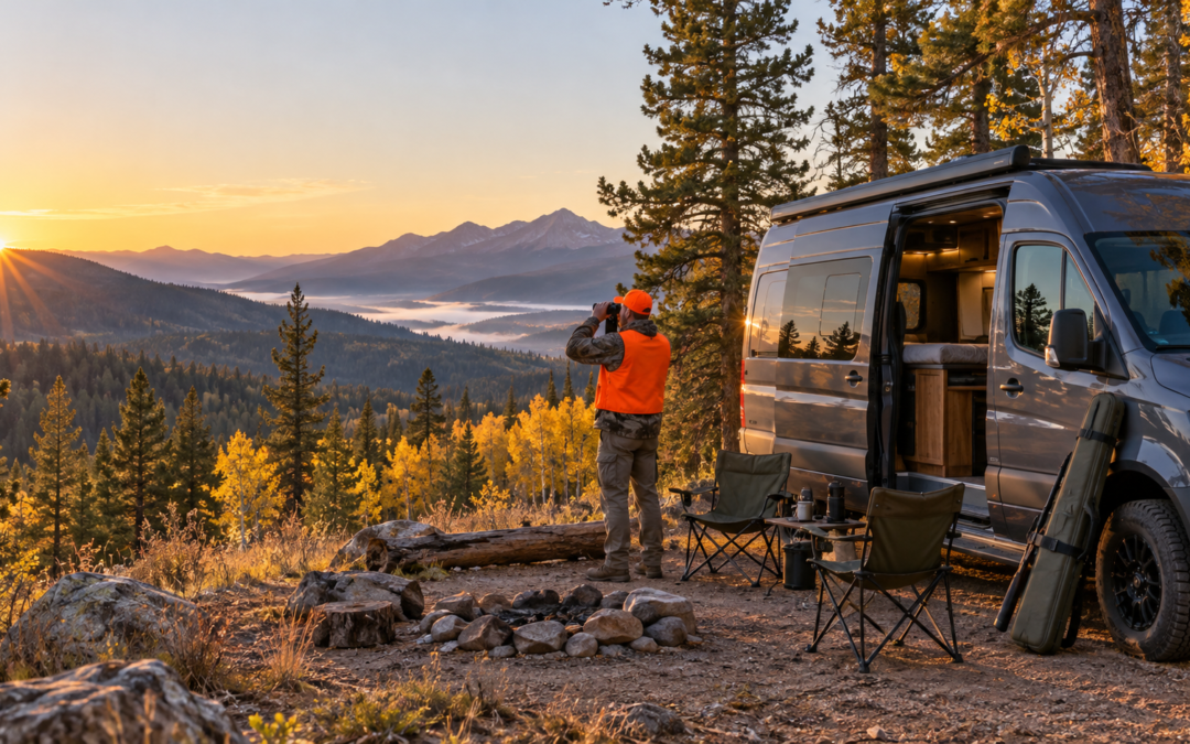 Class B motorhome at a dispersed National Forest campsite at dawn, with a hunter in blaze orange glassing the landscape