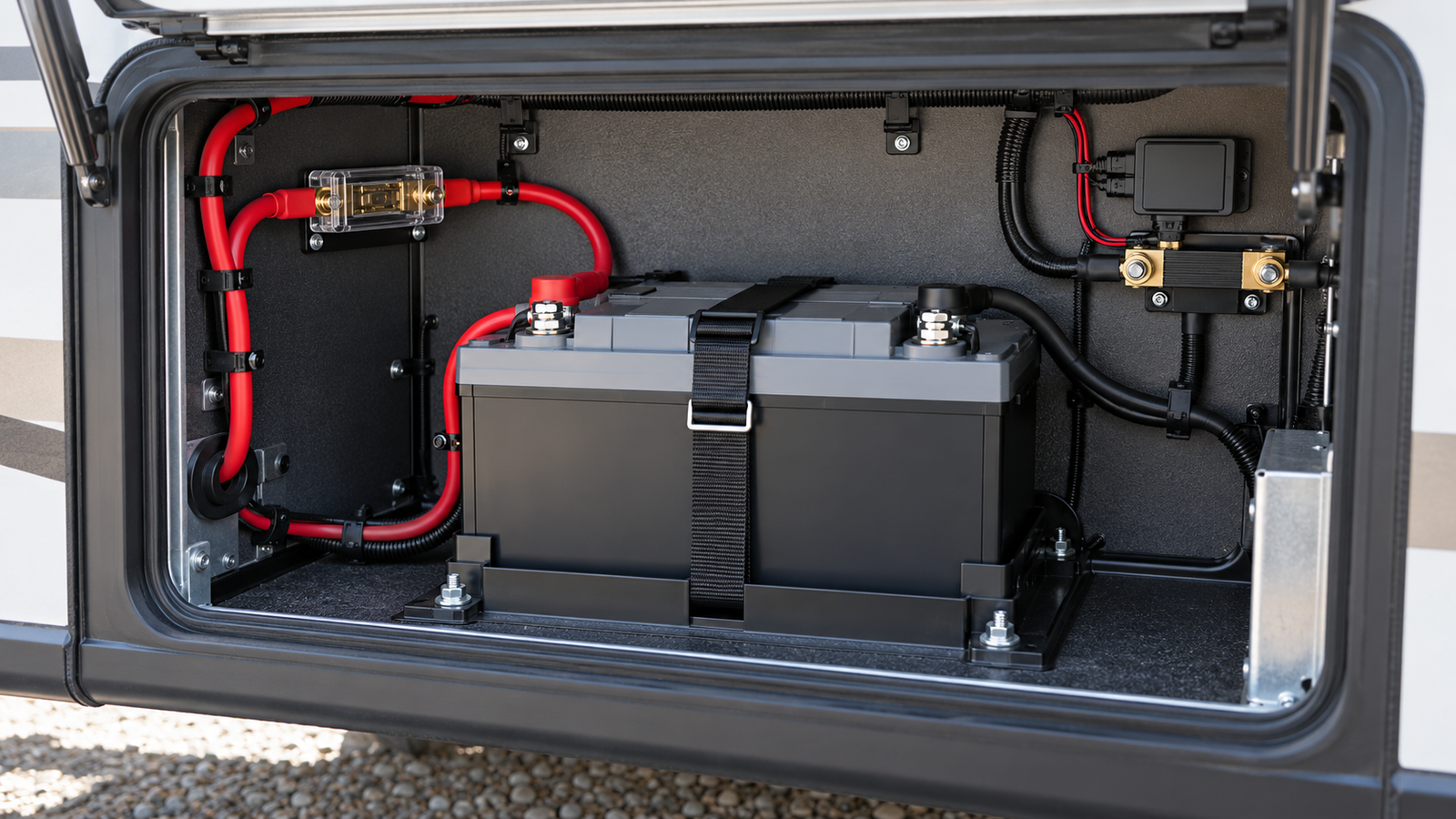 Lithium RV battery bay with fuse, shunt, cables, and secure mounting