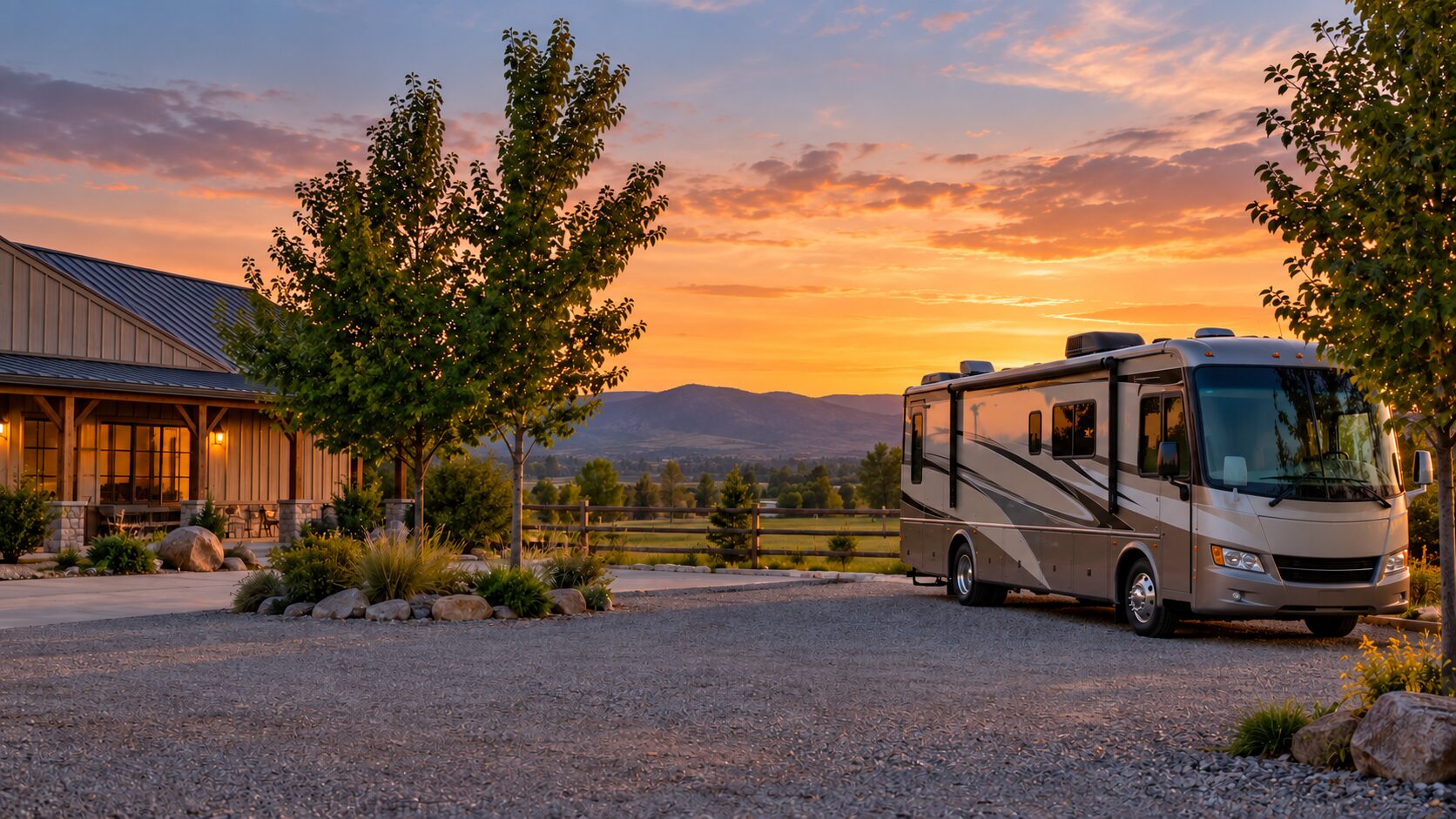 A motorhome parked beside a rural business at sunset.