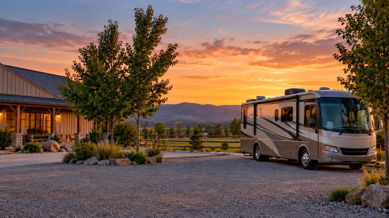 A motorhome parked beside a rural business at sunset.