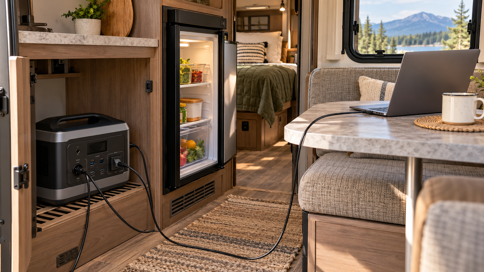 Portable power station running an RV refrigerator and laptop